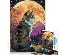 Puzzle de 1000 pièces Chat des forêts norvégiennes Pleine Lune pour Adolescents Détente et Relaxation Cadeau Artistique aux découpes nettes (38x26cm)