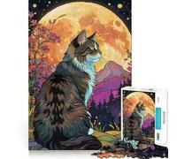 Puzzle de 1000 pièces Chat des forêts norvégiennes Pleine Lune pour Adolescents Jeu de logique Stimulant et Anti-Tension Qualité supérieure Cadeau de Noël (50x75cm)
