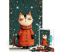 Puzzle de 1000 pièces Chat d'hiver en Manteau,Illustration,Jeu cognitif Amusant,Structure à emboîter précise,activité de Partage et de complicité pour Les Proches (38x26cm)