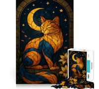 Puzzle de 1000 pièces Chat et Lune en Vitrail pour Adultes Jeu de Réflexion Apaisant Bords Précis Cadeau Touchant 38x26cm