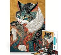 Puzzle de 1000 pièces Chat et Poisson Style Ukiyo-e,Ajustement Parfait,Art,entraînement Mental,Divertissement,Temps de Repos,Cadeau apaisant de Noël (38x26cm)