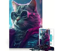 Puzzle de 1000 pièces Chat Lunettes Veste Décoration Future Neat Edge Dépannage Amusant et Facile à Résoudre Cadeau de Noël (50x75cm)