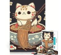 Puzzle de 1000 pièces Chat Mangeant des Ramen Découpe Nette Jeu de logique et de réflexion Jeu de détente Cadeau d'anniversaire Amusant (38x26cm)