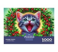 Puzzle de 1000 pièces « Chat Mignon » avec Couronne de Noël et Sourire, Finition Mate, Les Adolescents et Les Joueurs confirmés.pour Les Pluie. Loisirs d'intérieur. Dimensions : 70 x 50 cm.