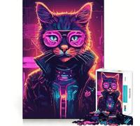 Puzzle de 1000 pièces Chat néon Cyberpunk Animal pour Adolescents, idéal pour développer la mémoire, Design apaisant et Amusant, Cadeau élégant (50x75cm)