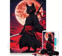 Puzzle de 1000 pièces Chat Ninja avec Katana et Lune pour Adultes Développe la mémoire Loisirs Doux Découpe Ferme Cadeau de Noël (38x26cm)