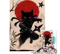 Puzzle de 1000 pièces Chat Ninja avec Shurikens et Soleil Rouge Jouet addictif pour cultiver la Patience Jeu éducatif Anti-Stress Cadeau d'anniversaire (Dimensions 38x26cm)