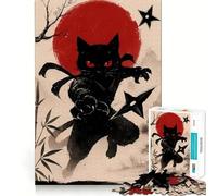 Puzzle de 1000 pièces Chat Ninja avec Shurikens et Soleil Rouge pour Adolescents Jeu de réflexion Design paisible et Amusant Cadeau Unique (38x26cm)