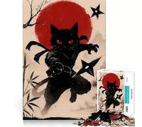 Puzzle de 1000 pièces Chat Ninja avec shurikens et Soleil Rouge pour Adultes, Un Jeu de logique Solide et Amusant, découpé avec précision, idéal comme Cadeau de Noël (38x52cm)