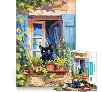 Puzzle de 1000 pièces Chat Noir à la fenêtre avec Plantes Découpe précise Jeu de réflexion Cadeau Facile Idée Cadeau d'anniversaire Amusante (38x52cm)