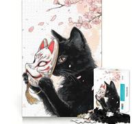 Puzzle de 1000 pièces Chat Noir avec Masque de Kitsune,Jeu d'assemblage précis,Jouet créatif et Amusant,Jeu de Paix,Cadeau de Noël apaisant (38x52cm)