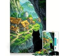 Puzzle de 1000 pièces Chat Noir contemplant Un Village Fantastique Pièces Bien ajustées,Jouet créatif et Amusant,Moments de détente et de complicité,Cadeau de décoration d'anniversaire (50x75cm)