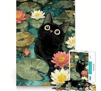 Puzzle de 1000 pièces Chat Noir dans Un étang aux nénuphars Illustration Jeu d'articulations précises,Jouet de Construction,Jeu Calme,Jeu Amusant pour Un Anniversaire (38x52cm)