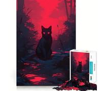 Puzzle de 1000 pièces Chat Noir dans Une forêt Rouge,pièces à emboîter,Jeu de Concentration Amusant,Moment de détente et de Plaisir,décoration de Noël (38x52cm)