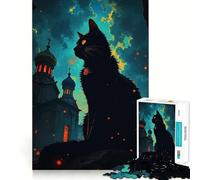 Puzzle de 1000 pièces - Chat noir et église d'Europe de l'Est - Jeu créatif, jeu confortable, cadeau d'anniversaire (50 x 75 cm)