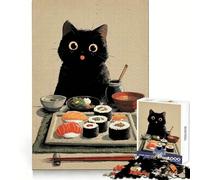 Puzzle de 1000 pièces Chat Noir et festin de sushis pour Adolescents, Motif Sharp Recall, Silencieux et ludique, découpe Uniforme, Cadeau de Noël Unique (50x75cm)