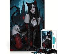 Puzzle de 1000 pièces Chat Noir Fille dans Un décor Gothique Jeu de logique et de réflexion Cadeau d'anniversaire Amusant (38x52cm)