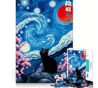 Puzzle de 1000 pièces Chat Noir Nuit étoilée Fleurs de Cerisier Pièces ajustées,Jeu de Concentration Amusant,Moment de détente et de Plaisir,Décoration de Noël (38x26cm)