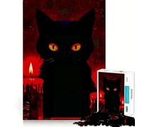 Puzzle de 1000 pièces Chat Noir sorcière et Bougies Rouges pour Adolescents Jeu de mémoire et de Concentration de qualité Professionnelle,activité de Groupe relaxante en intérieur (38x52cm)