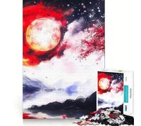 Puzzle de 1000 pièces Chat Noir sous la Lune Rouge,découpe précise,Jeu Stimulant l'esprit,Facile à Jouer,Cadeau d'anniversaire idéal (38x26cm)