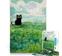 Puzzle de 1000 pièces Chat Noir Style Van Gogh,découpe précise,Jeu Stimulant l'esprit,Facile à Jouer,Cadeau d'anniversaire idéal (38x26cm)