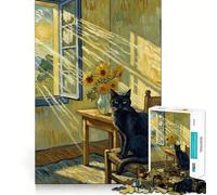 Puzzle de 1000 pièces Chat Noir Style Van Gogh,pièces Bien ajustées,Jouet créatif et Amusant,Moments de détente et de Plaisir,Cadeau de décoration d'anniversaire (38x26cm)