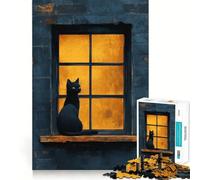 Puzzle de 1000 pièces Chat Noir sur Le Rebord de la fenêtre,Jeu d'assemblage précis,Jouet créatif et Amusant,Jeu de Paix,Cadeau de Noël apaisant (50x75cm)
