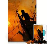 Puzzle de 1000 pièces Chat Noir sur Un Bateau au Coucher du Soleil,pièces Bien ajustées,Jeu de Concentration Amusant,Moment de détente et de Plaisir,décoration de Noël (50x75cm)