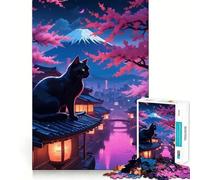Puzzle de 1000 pièces Chat Noir sur Un Toit Japonais Découpe précise,Jeu Stimulant l'esprit,Facile à Jouer,Cadeau d'anniversaire idéal (38x26cm)