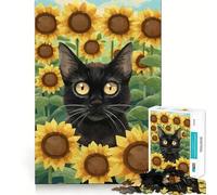 Puzzle de 1000 pièces Chat Noir Tournesol Peinture Précision Articulée Amusant,Jeu de réflexion,Temps de détente,Décoration de Noël (50x75cm)