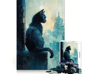 Puzzle de 1000 pièces Chat Noir vu de la fenêtrepour Adolescents, idéal pour stimuler l'esprit et se détendre, Bords Lisses, Cadeau de Noël Chic (50x75cm)