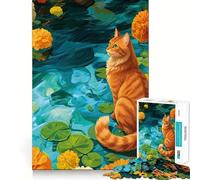 Puzzle de 1000 pièces Chat Orange dans Un Bassin de nénuphars Fleuris, Jeu d'éveil et de Relaxation, pièce de Collection découpée avec précision (38x26cm)