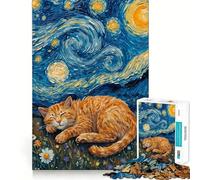 Puzzle de 1000 pièces Chat Orange endormi sous Un Ciel étoilé pour Adultes, Jeu de réflexion et de Concentration, pour la Maison ou Les Loisirs (50x75cm)