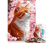 Puzzle de 1000 pièces Chat Orange et Fleurs de Cerisier pour Adolescents Puzzle Relaxant et Lumineux Cadeau Exquis (50x75cm)