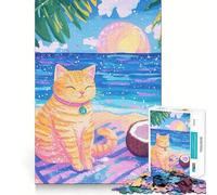 Puzzle de 1000 pièces - Chat - Plage - Noix de coco - Coupe précise - Jouet amusant pour le repos - Cadeau d'anniversaire - Jeu d'art (38 x 26 cm)