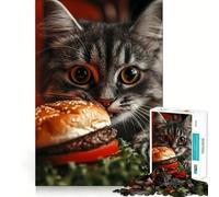 Puzzle de 1000 pièces Chat Qui a Envie d'un Hamburger Assemblage Parfait Art Stimulant Le Cerveau Jeu Temps de Repos Décoration Murale de Noël (38x52cm)