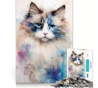 Puzzle de 1000 pièces Chat Ragdoll Aquarelle pour Adultes Jeu de mémoire Amusant Assemblage sûr et Solide Activité familiale Amusante en soirée (50x75cm)