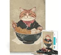 Puzzle de 1000 pièces Chat Ramen Japon Bords Lisses Jeu créatif Jouet Cosy Moment de détente Cadeau d'anniversaire Amusant (50x75cm)