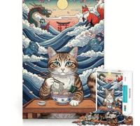 Puzzle de 1000 pièces Chat Ramen Spiritueux Japonais Ajustement Parfait Art Entraînement Mental Amusant Repos Jeu Cadeau de Noël Calme (38x52cm)