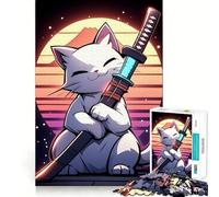 Puzzle de 1000 pièces Chat Samouraï Art rétro Bords Lisses Jeu créatif Jouet pour des Moments de détente Cadeau d'anniversaire Amusant (38x26cm)