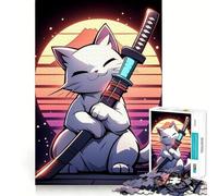Puzzle de 1000 pièces Chat Samouraï Art rétro Qualité supérieure,découpe Premium,Jeu de réflexion créatif,détente et Divertissement,décoration Murale de Noël (50x75cm)