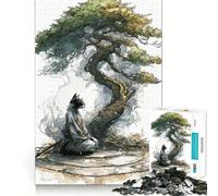 Puzzle de 1000 pièces Chat samouraï méditant sous Un bonsaï Jeu de réflexion créatif et de qualité supérieure Décoration Murale de Noël (50x75cm)