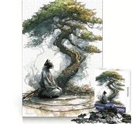 Puzzle de 1000 pièces Chat samouraï méditant sous Un bonsaï pour Adolescents,idéal pour se détendre et créer Un Moment de Plaisir (50x75cm)
