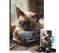 Puzzle de 1000 pièces Chat Siamois Tasse à café pour Adolescents, Jeu de logique et de Loisirs, Bords Fins, Cadeau spécial 38x52cm