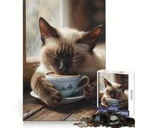 Puzzle de 1000 pièces Chat Siamois Tasse à café pour Adolescents, Jeu de logique et de Loisirs, Bords Fins, Cadeau spécial 38x52cm