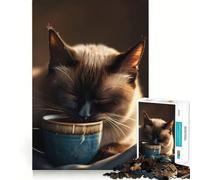 Puzzle de 1000 pièces Chat Siamois Tasse à café pour Adultes, Jeu de logique, Jeu d'intérieur, découpe de précision, Cadeau précieux 38x26cm