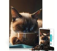 Puzzle de 1000 pièces Chat Siamois Tasse de café pour Adolescents Jeu de logique Claire Passe-Temps Calme Découpe Parfaite Cadeau Classique 38x52cm