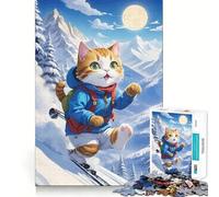Puzzle de 1000 pièces Chat skiant dans Les Montagnes enneigées Assemblage Parfait Art Exercice Mental Amusant Détente Jeu Cadeau de Noël apaisant (50x75cm)