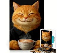 Puzzle de 1000 pièces Chat Souriant avec café pour Adolescents Jeu d'exercice Mental et de Relaxation Modèle à Assembler Liste de souhaits du Père Noël 38x26cm