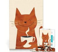Puzzle de 1000 pièces Chat Souriant avec café pour Adultes Jeu de réflexion Intelligent, Silencieux et Amusant Découpe précise Cadeau spécial 38x52cm